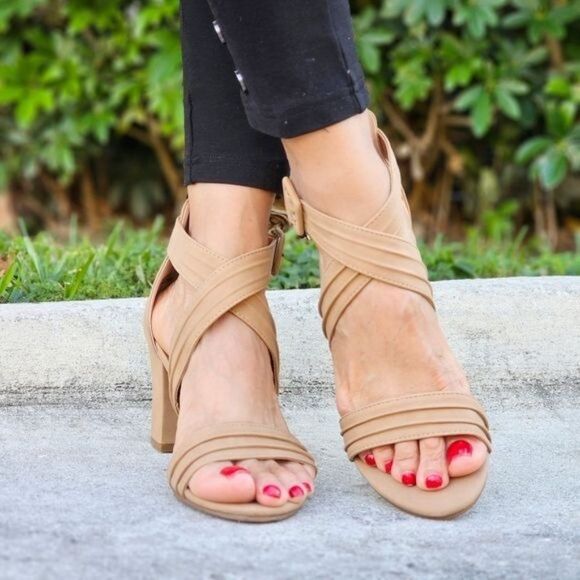 Women's Ankle Strap Block Heel Dress Sandals Natural Color - Picture 2 of 5